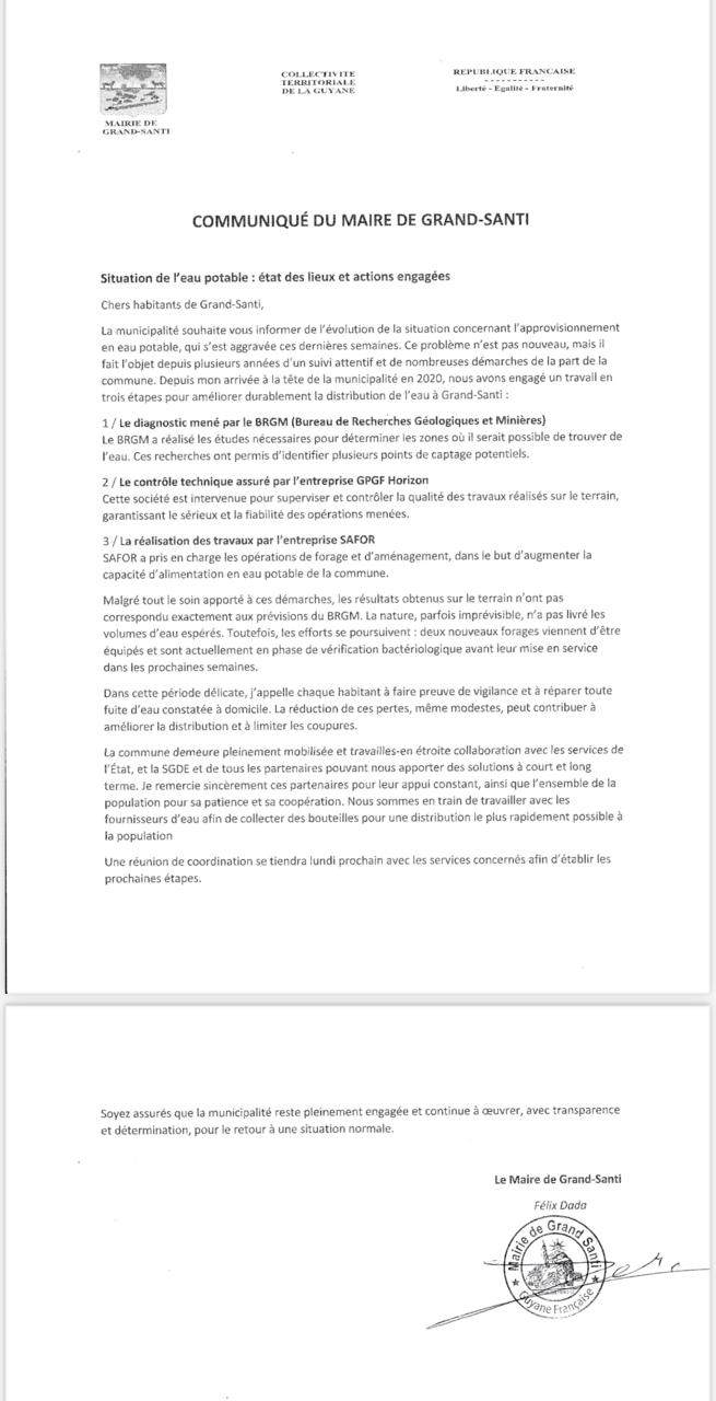 communiqué eau à Grand-Santi